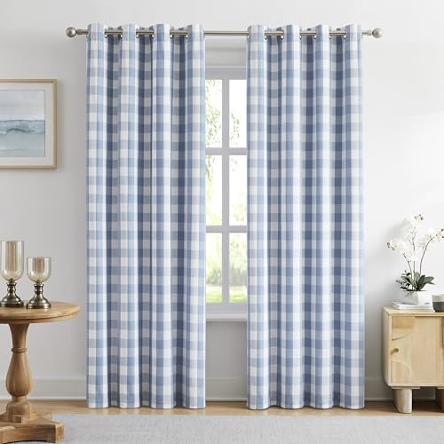 "Amzdecor Blue White Buffalo Plaid Full Blackout Curtains 84 Inches Long - Farmhouse Check Pattern Drapes for Bedroom Living Room,Thermal Insulated Soundproof Grommet Window Treatment,2 Panels,52""x84"""