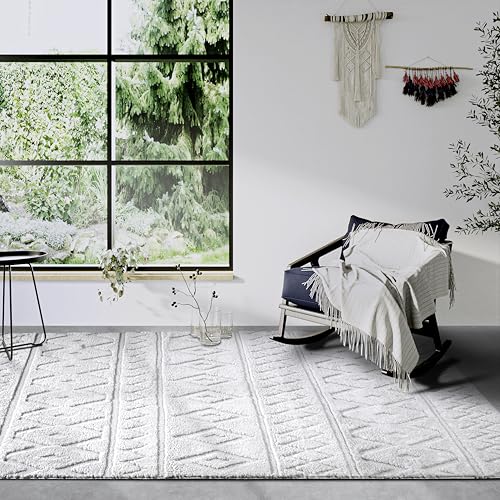 Elle Decor ation Itinerance High Pile Rug, Modern Living Room Rug, Long Pile Shaggy, Modern Pattern, Fluffy, Soft Boho for Living Room, Bedroom, Cream White, 80 x 120 cm