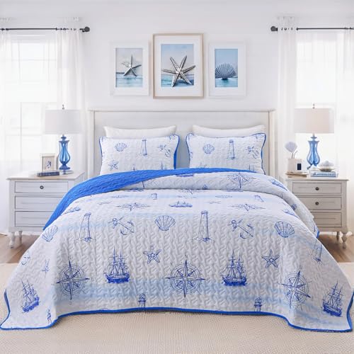 "Coastal Nautical Quilt Set, King Size Beach Coverlet Blue Watchtower Sailboat Compass Bedspread, Ocean Beach Themed Bed Cover Microfiber Soft Lightweight bedding sets for All Seasons (106""??92"")"