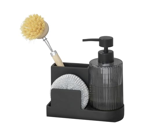 Pina Practical Sink Organiser with Soap Dispenser for Kitchen and Bathroom Polyresin Glass ABS 16 x 17 x 7.5 cm Black