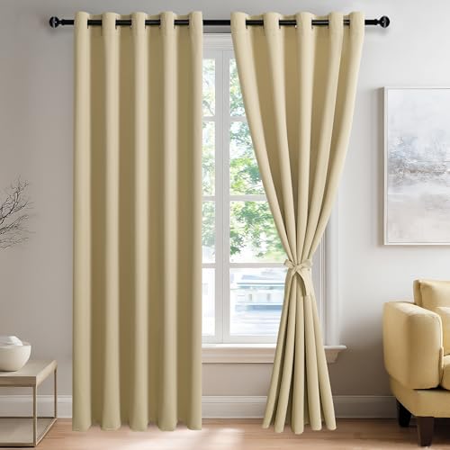 JIUZHEN Light Beige Blackout Curtains with Tiebacks - Thermal Insulated, Light Blocking and Noise Reducing Grommet Curtains for Bedroom and Living Room, 2 Window Curtain Panels, 60 x 84 Inch Length