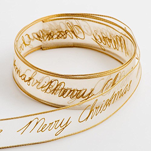 Italian Options Merry Christmas Gold Organza Ribbon, Wired Christmas Ribbon for Gift Wrapping, Crafts, Weddings, Wreaths, Tree Decorations, Gold, 25 mm x 10 Metre Roll