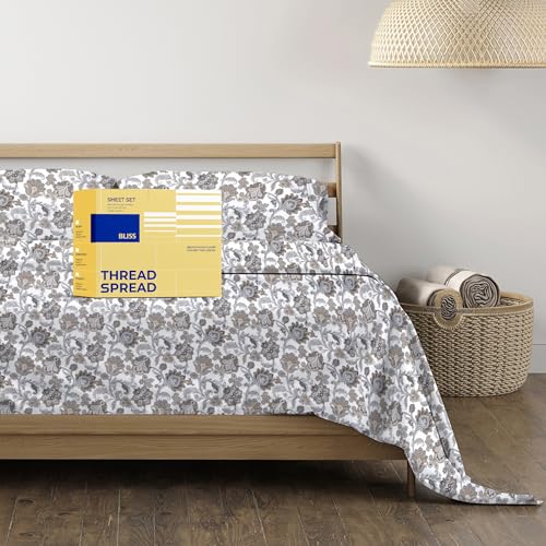 "THREAD SPREAD 100% Egyptian Cotton Printed Bed Sheets - 600 Thread Count 4 PC California King Sheet Set, Hotel Luxury Bedsheets, 16"" Deep Pocket Cooling Sheets for Cal King Size Bed - Floral Ivory"