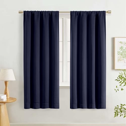 "Lecloud Navy Blue Room Darkening Curtains for Bedroom 63 Inch Length 2 Panels Set, Solid Thermal Insulated Energy Window Treatments for Living Room Dining Room with Rod Pocket, 40"" W x 63"" L"