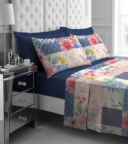 GC GAVENO CAVAILIA Double Bed Sheet Set - 4Piece Printed Bedding Set (Fitted Sheet, Flat Sheet & 2 Pillow Cases) - Warm Thermal Fluffy Bedding - Soft Polyester Fleece Bedding Sheet Set, Pink/Navy