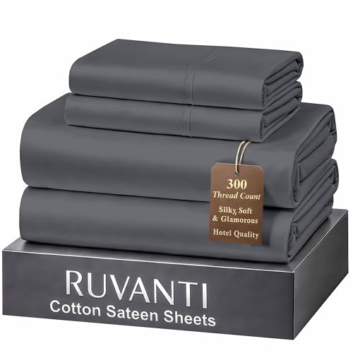 "Ruvanti 100% Cotton Sateen Sheets Queen Size, Charcoal - Queen Sheets 300 Thread Count 4 Piece Set, 16"" Deep Pocket, Cooling Bed Sheets for Hot Sleepers, Breathable & Durable"
