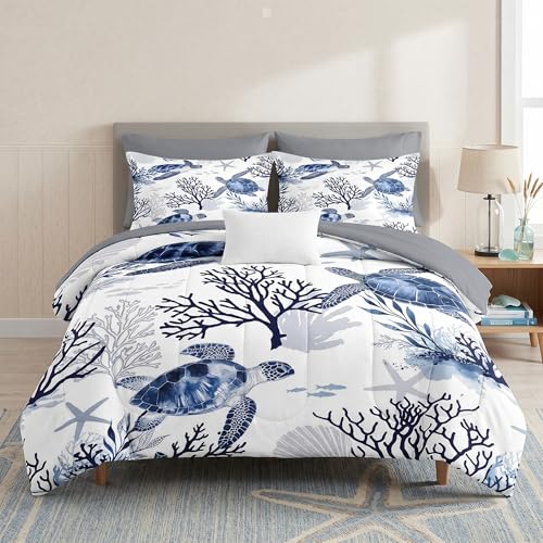 WeCozy 7 Pcs King Size Comforter Set with 2 Pillowcases & 2 Shams, Ocean Sea Coral Bedding for Kids and Adults, Blue Animal Turtle Bed in a Bag with Flat Fitted Sheet