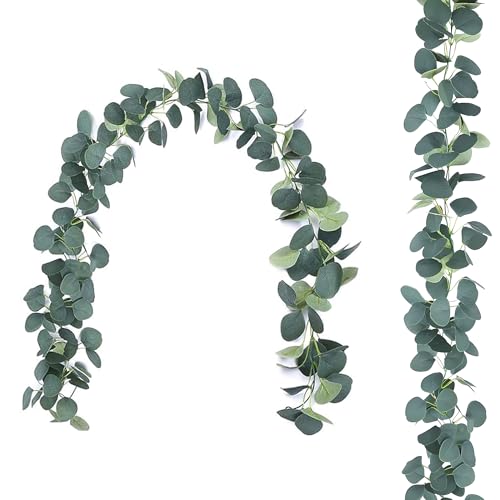 Faux Eucalyptus Garland - 5.9 ft Silk Eucalyptus Greenery with Flocked Greenery, Decorative Vines for Mantle or Tabletop, Artificial Eucalyptus Stems & Picks, Rustic Eucalyptus Wreath Garland 2PCS