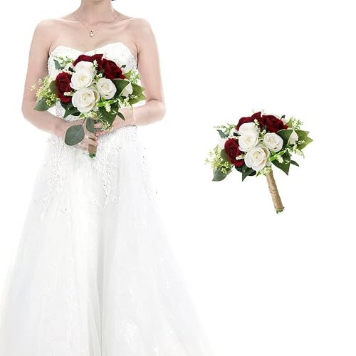 HOMENERGY Bridesmaid Bouquet Flower for Wedding - 7 Inch Artificial Flower Bouquet for Bridesmaids Bridal Shower Party Ceremony Anniversary Table Centerpieces Decor - Burgundy & White