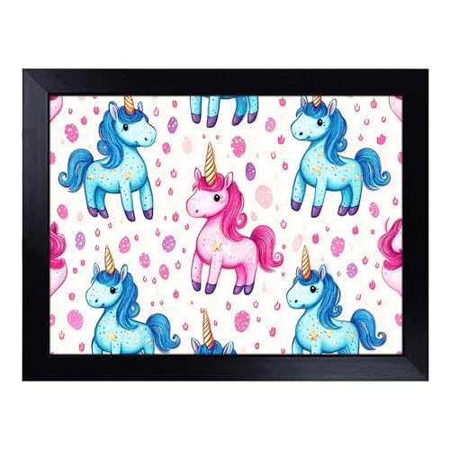 Lap Tray with Bean Bag Cushion, Unicorn Pattern - Handmade in the UK, Raised Wooden Edge, Padded Cushion, Heat-Resistant Wipe-Clean Surface, for Meals, Laptops and Crafts