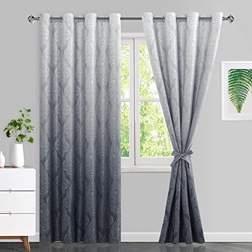 JIUZHEN Grey Ombre Blackout Curtains for Bedroom??? Damask Patterned Thermal Insulated Noise Reducing Grommet Curtains with Tiebacks, 52 x 96 Inches, Set of 2 Window Curtain Panels