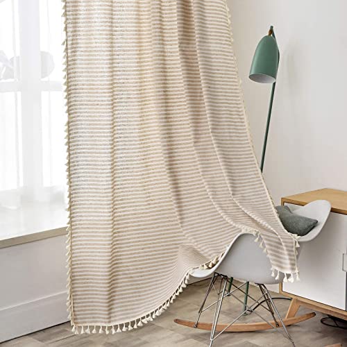 "ColorBird Striped Semi-Blackout Window Curtains 2 Panels Farmhouse Style Cotton Linen Darkening Curtains with Tassel Rod Pocket Window Drapes for Dining Living Bedroom (52"" W x 84"" L, 1 Pair, Beige)"