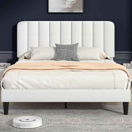 VECELO Upholstered Double Bed Frame with Velvet Headboard, 135 × 190 cm Platform Bed with Wooden Slats Support, Noise Free, No Box Spring Needed, Easy Assembly, White