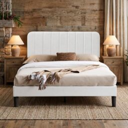 VECELO Upholstered Double Bed Frame with Velvet Headboard, 135 × 190 cm Platform Bed with Wooden Slats Support, Noise Free, No Box Spring Needed, Easy Assembly, White