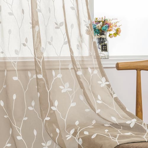 AmHoo 2 Panels Embroidered Leaf Pattern Semi Sheer Curtains Foliage Floral Voile Window Draperies Treatment for Bedroom Living Room Rod Pocket Taupe 53 x 63 Inch