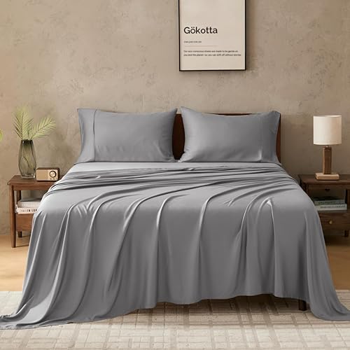 "GOKOTTA Queen Size Bamboo Rayon Bed Sheets 4 Piece Set, Super Soft, Cooling, Deep Pocket Up to 16"" - Durable Double Stitched (Grey)"
