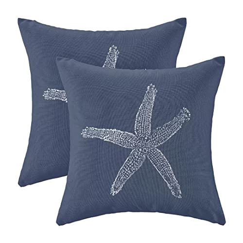 AEIOAE Coastal Pillow Covers 16X16 Inch Set of 2 Navy Blue Starfish Throw Pillow Covers Beach Pillowcase Linen Nautical Decor for Outdoor Home Sofa Bedroom Living Room
