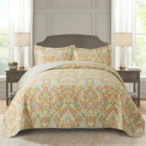 Newlake Cotton Bedspread Sets, Reversible Patchwork Duvet Set, European Beige Floral Pattern, King Size