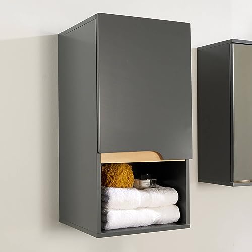 Home Source Florence Wall Mounted Bathroom Cabinet – Grey, Soft Close Door, 3-Shelves with 1-Open Shelf, 60cm Tall Cupboard, Vanity Storage Unit, 30x30x60cm