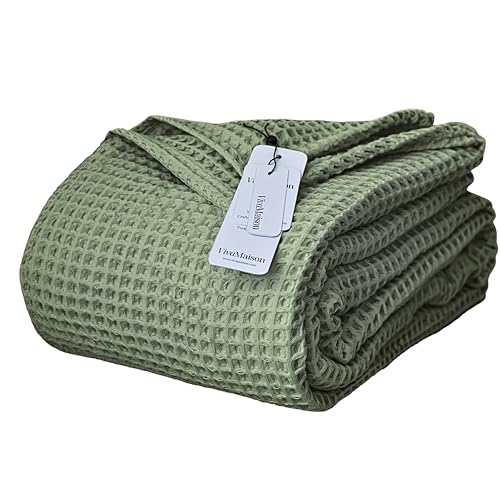ViViva Maison Waffle Blankets (Sage Green, Queen XL 95 x 102 Inch) - 100% Turkish Cotton, 3D Honeycomb Weave, Lightweight, Breathable, Airy, Soft Comfy All-Seasons Versatile Blanket & Bedspread