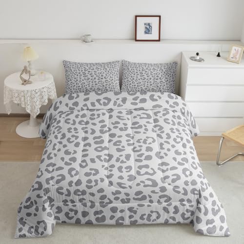 Feelyou Leopard Print Bedding Set Silver Gray Leopard Comforter Set for Boys Girls Kids Cheetah Printed Comforter Africa Wild Animal Skin Theme Duvet Set Room Decor Queen Size Quilt Set 3Pcs