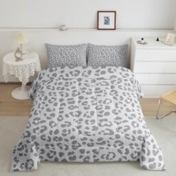 Feelyou Leopard Print Bedding Set Silver Gray Leopard Comforter Set for Boys Girls Kids Cheetah Printed Comforter Africa Wild Animal Skin Theme Duvet Set Room Decor Queen Size Quilt Set 3Pcs
