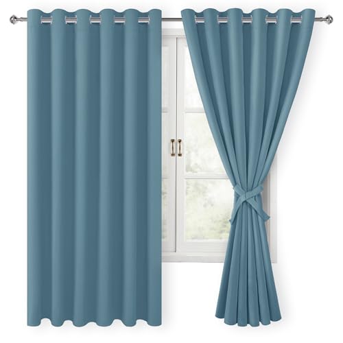 Hiasan Grommet Blackout Curtains for Bedroom, 70 x 63 Inches - Thermal Insulated & Light Blocking Window Drapes for Living Room/Dorm Room, Set of 2 Panels Sewn with Tiebacks, Stone Blue
