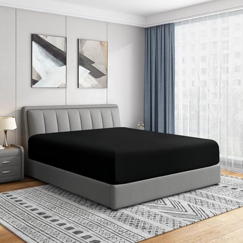 "Cathay Home Queen Fitted Sheet - Double Brushed Ultra Soft – Wrinkle & Fade Resistant - 16"" Deep Pocket Fitted Sheet Only - Good Fit for 14""-18"" Deep Mattress (Queen, Black)"