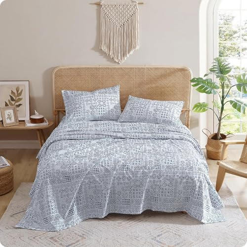 Indigo Ink - White Denim Collection - White Navy Boho Geometric Printed Sheet Set, Queen, 4 Pieces