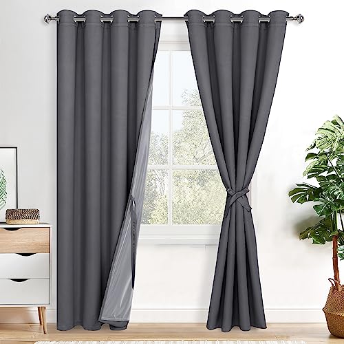 XWZO 100% Blackout Curtains 84 Inches Long with Tiebacks- Heat and Full Light Blocking, Thermal Insulated Window Panels with Grommets for Bedroom/Nursery, Dark Grey, W52 x L84, Set of 2 Draperies