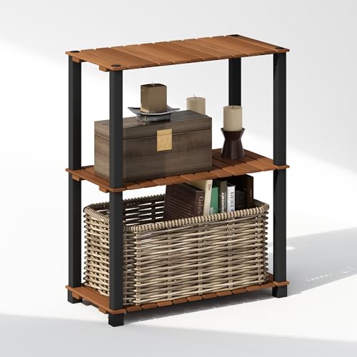 Furinno TURN-N-TUBE 3-Tier Display Rack, Storage Rack, Book Shelf, Open Shelves, with Wood Slat, Square Poles, for Indoor Outdoor Organization and Storage, Garage, Living Room, Natural