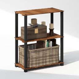 Furinno TURN-N-TUBE 3-Tier Display Rack, Storage Rack, Book Shelf, Open Shelves, with Wood Slat, Square Poles, for Indoor Outdoor Organization and Storage, Garage, Living Room, Natural