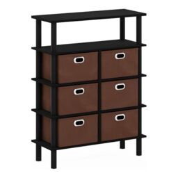Furinno FRANS Entryway Table, 4-Tier Toolless Assembly Console Table with Drawer Storage Bins, Open Shelf Sofa Table, Side Table, for Living Room, Home Office, Entryway, Black Oak/Black/Brown