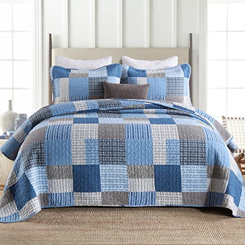 Y-PLWOMEN Plaid Quilt King Size - 100% Cotton Farmhouse King Quilt with 2 Pillow Shams, Lightweight Breathable Quilted Bedspreads Bedding Set, Blue Navy, King(98 * 106 Inch)