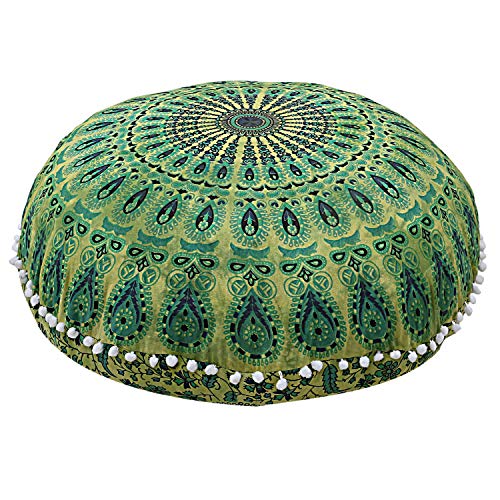 Shubhlaxmifashion Mandala Floor Pillow Cushion Seating Throw Cover Hippie Decorative Bohemian Ottoman Poufs, Pom Pom Pillow Cases,Boho Indian (32 Inches, Green Dye)