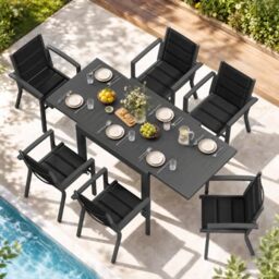 JUMMICO Garden Table and Chairs Set, Extendable Table + 6 Stackable Textilene Chairs, Aluminium Frame Space-Saving Outdoor Dining Set for Patio & Garden – Dark Grey