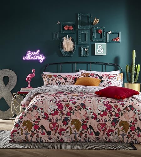 furn Inked Duvet Cover Set – Tattoo Inspired Cartoon Print with Reversible Design, Polycotton Bedding (Pink Blush – King)