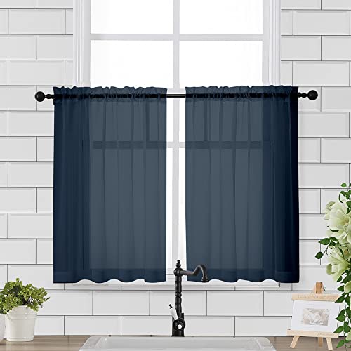 Chyhomenyc Kitchen Sheer Window Curtains Tier 2 Pieces Set, 36 inch Length, Short Dining Curtains Window Treatment for Small Windows/Bathroom/Cafe/Living Room, 42in Width, Rod Pocket, Navy Blue