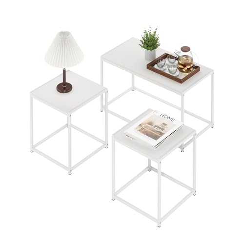 Furinno CAMNUS Living Room Tables Set of 3, Coffee Table with 2 End Tables, Side Tables, for Living Room, White/White