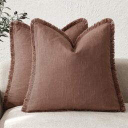 Foindtower Set of 2 Decorative Linen Fringe Throw Pillow Covers Boho Farmhouse Cushion Cover with Tassels Soft Accent Pillowcase for Couch Chair Sofa Bed Living Room Home Decor,24×24 Inch,Rust Red