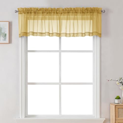 Chyhomenyc Sheer Valances for Windows 2 Pack, Small Curtains for Living Room Bathroom, Modern Top Dual Rod Pocket Voile Basement Curtains, 42W x 14L inches, Gold