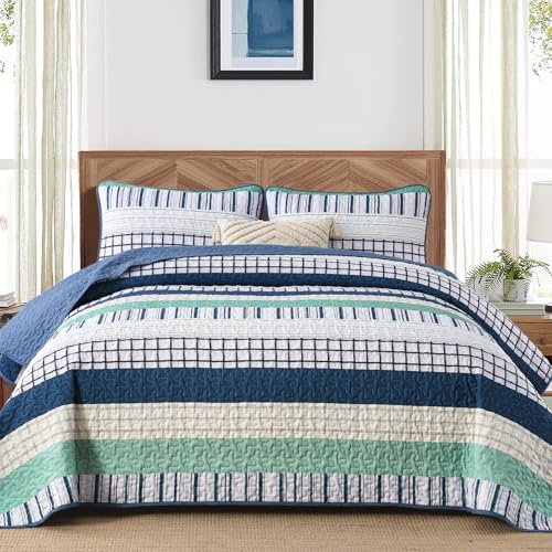 "DJY Striped King Size Quilt Set, Navy Blue Green Boho Bedspread Coverlet Set with 2 Pillowcases, 3 Pieces Soft Lightweight Microfiber Patchwork Quilt Bedding Set for All Season (104""x90"")"