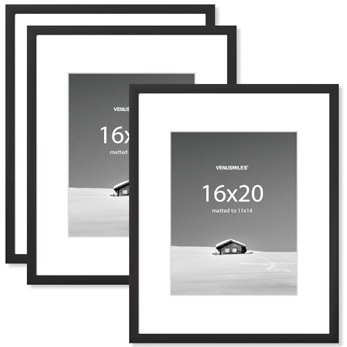 Venusmiles 16x20 inch PVC Picture Frame, 16x20 Photo Frames with 11x14 Removable Mat - High Definition Plexiglass - Vertical and Horizontal Display - Wall Hanging Frame - Black, 3 Pack