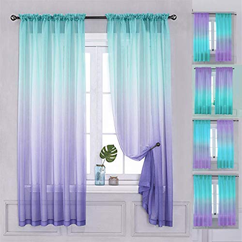 "Yancorp Half Bedroom Curtains 72"" Length Sheer Curtain Linen Teal Turquoise Purple Ombre Girls Living Room Mermaid Bedroom Kids Decor (Turquoise Purple, 40"" x 72"")"