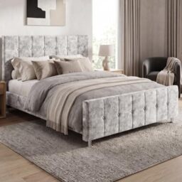 Vida Designs Valentina King Bed Frame - Crushed Velvet Silver - 118 H x 157 W x 216 D cm - Upholstered Velvet Headboard - Slatted Base - Premium Bedroom Furniture
