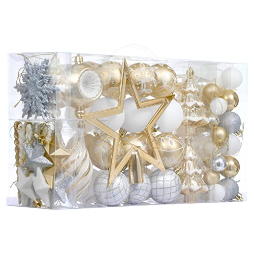 Valery Madelyn Christmas Ball Ornaments for Valentines, 100ct White and Gold Shatterproof Christmas Tree Decorations Set, Elegant Hanging Ornaments for Xmas Trees Bulk Holiday Wedding Decor