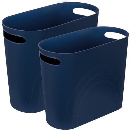 rejomiik Small Bathroom Trash Can, 3.5 Gallon Slim Garbage Can, 2 Pack Navy - Plastic Waste Basket with Handles for Bathroom, Bedroom, Dorm, Kitchen, Office and Narrow Spaces