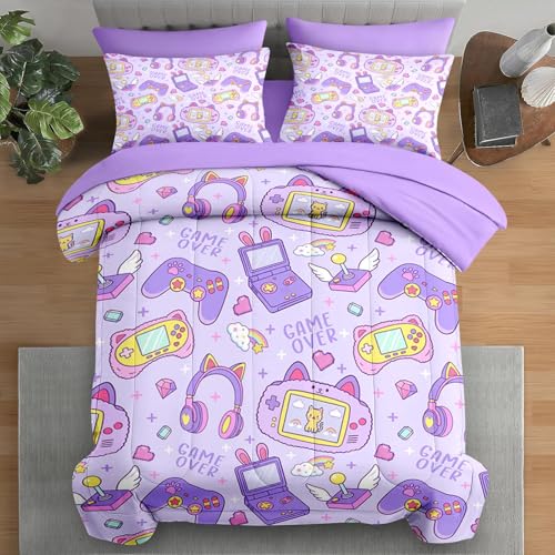 Pamnest Comforter Set Full Size, Kawaii Gamepad Purple 7 Pcs Bedding Set for Kids and Adults, Cute Pink Cat Bed Sheet Sets with Fitted Sheet 2 Pillowcases & 2 Shams for Bedroom Bed Decor