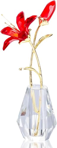 Movdyka Red Crystal Pink Lily Flower Figurine with Stems - Handmade Collectible Statue for Decoration Mothers Day Centerpiece Valentines Day Bridal Shower Gift