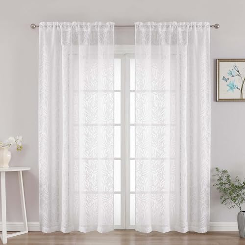 OVZME Extra Wide White Sheer Curtains 84 Inches Long 2 Panels Set, Elegant Leaf Clip Jacquard Light Filtering Semi Sheer Curtains, Dual Rod Pocket Textured Drapes for Living Room, 2x52Wx84L Inches
